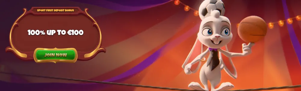 Banner de bonificación de deportes Magius con un personaje de conejo y oferta de 100% de coincidencia